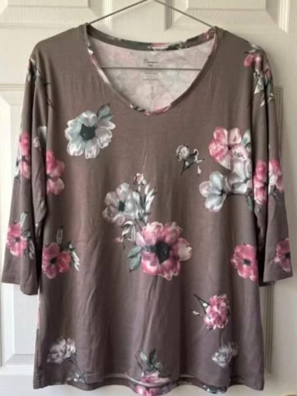 Penmans Taupe Pink Floral V-Neck 3/4 Sleeve Top 4X